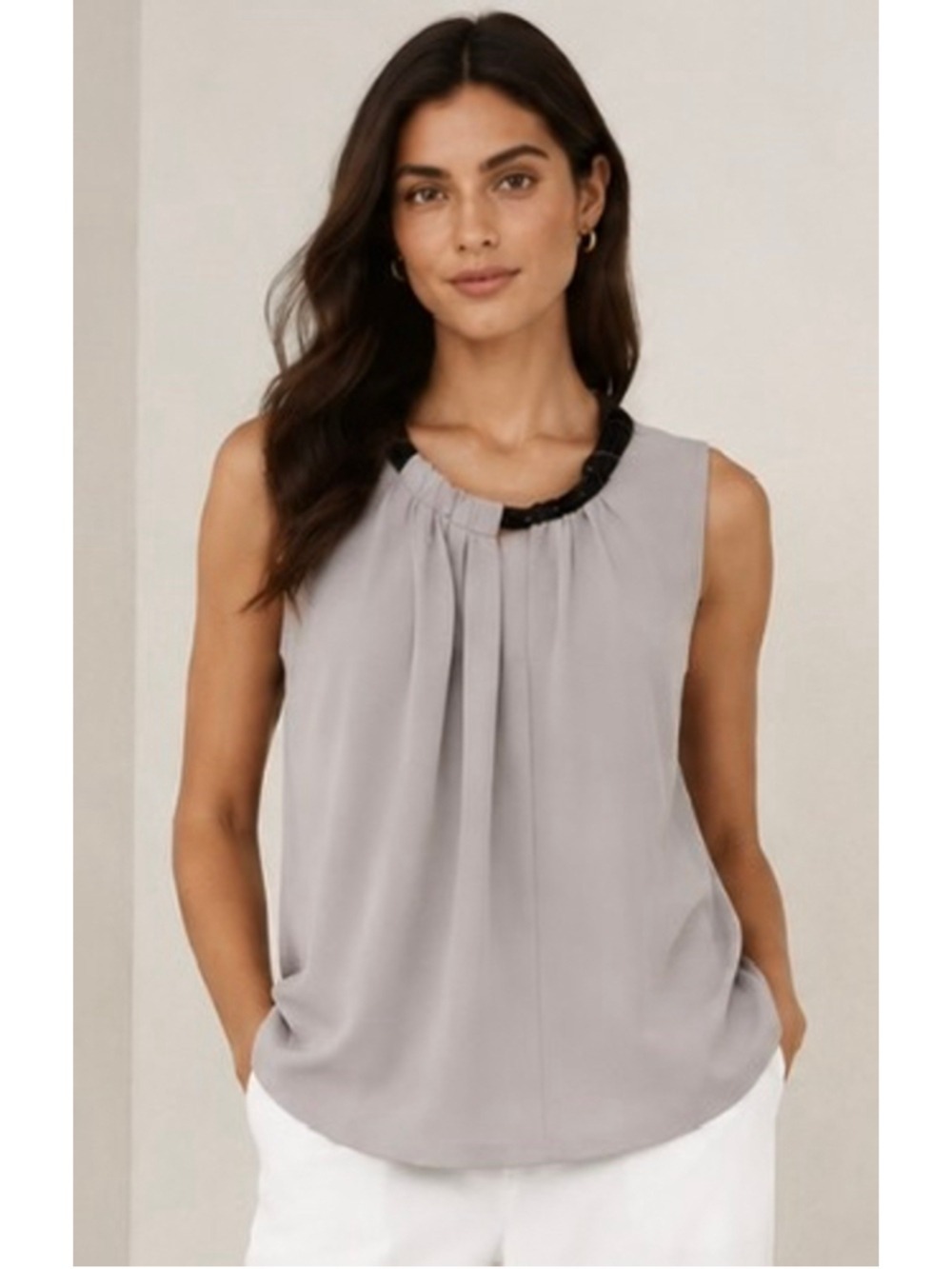Fabiana Filippi Sleeveless Blouse Size 40/S Grey Black Monilli Beading Silk NWT!